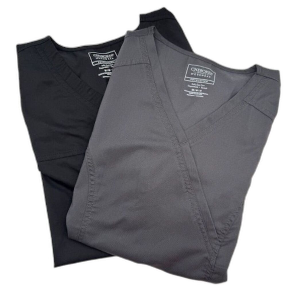Cherokee Revolution Women's Scrub Tops SS SZ M Black & Gray LOT OF 2 EUC Nurse